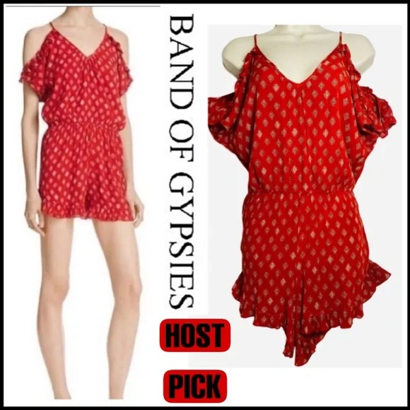 BAND OF GYPSIES RED PRINT COLD SHOULDER ROMPER S - Picture 9 of 9
